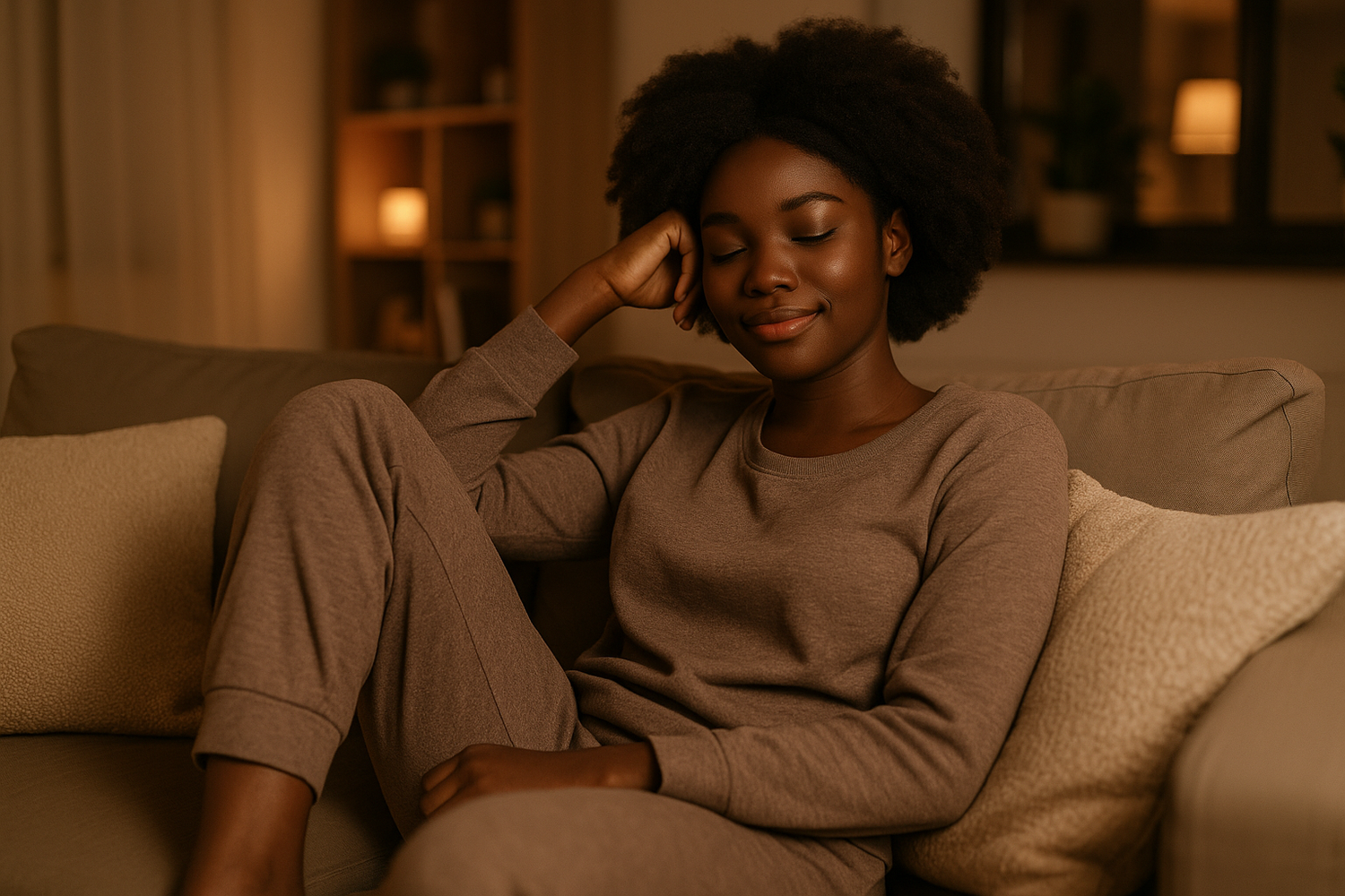 une femme de 20 ans allongée sur son canapé en tenue confortable, peau matte ou noire 